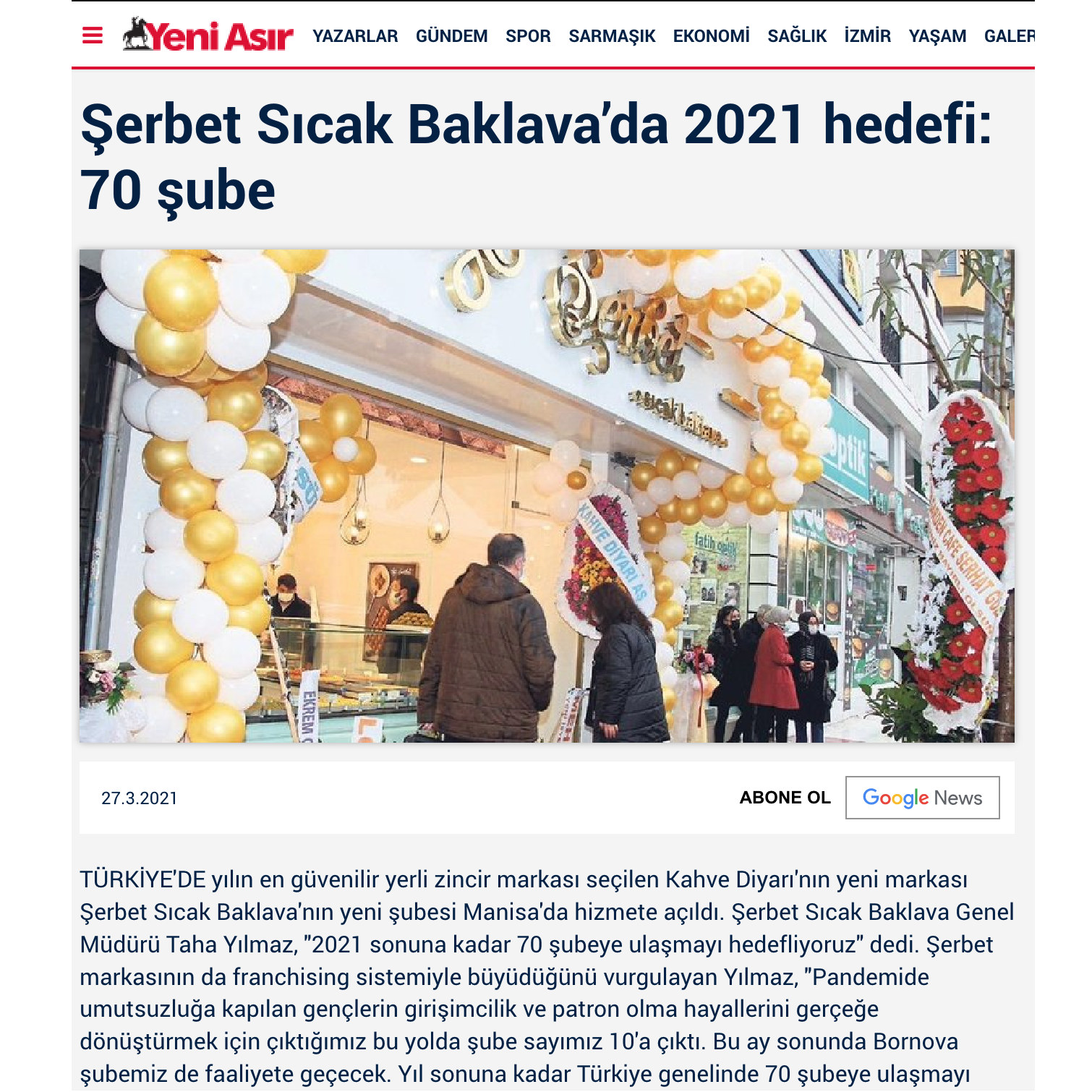 Şerbet Sıcak Baklava’da 2021 hedefi : 70 şube